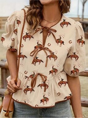 New! 100% Cotton Cream Western Cowboy Print Tie-Front Blouse, Short Sleeve